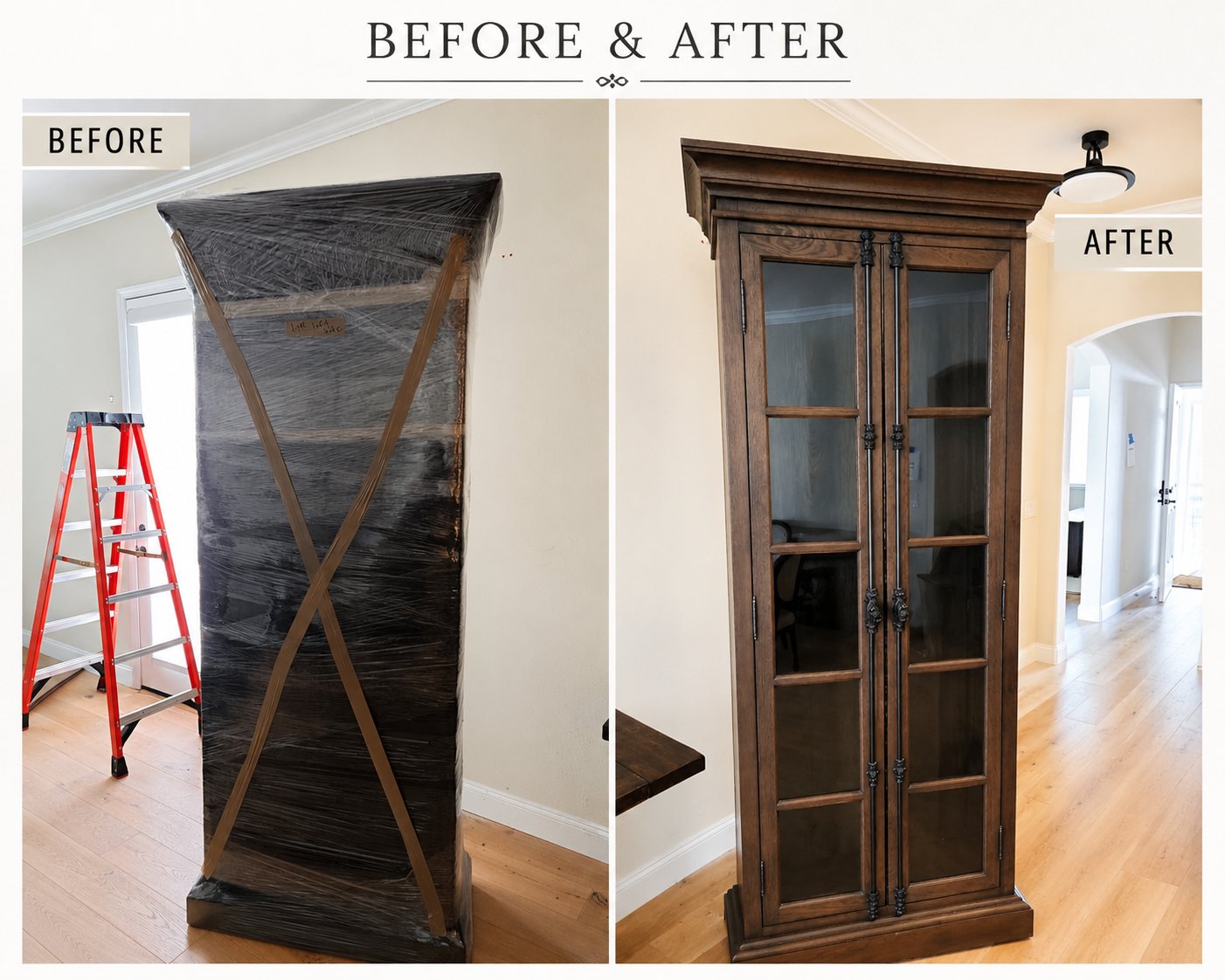 Before and after: OCD Moving Services shrink-wrapped and pad-protected a tall wood cabinet for transport, then placed it safely in the customer's new home