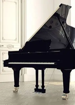 A black piano sitting in front of a door.